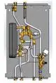 Technische Darstellung eines Rohrsystems mit verschiedenen Ventilen und Verbindungsstücken, verwendbar in Heizungsanlagen, hergestellt von Danfoss.
